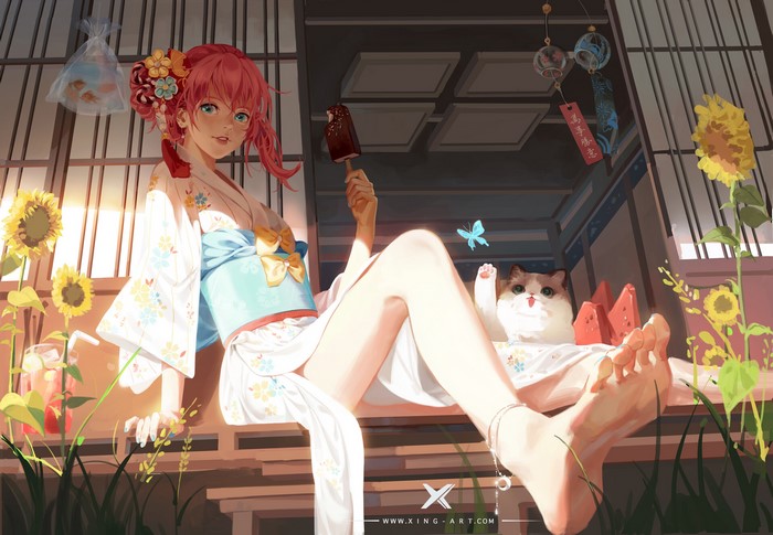 Girl in Yukata with Cat and Ice Cream