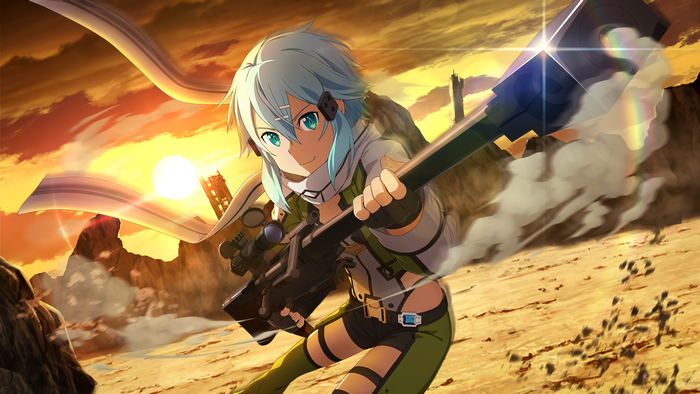 Shino Asada from Sword Art Online with a sniper rifle
