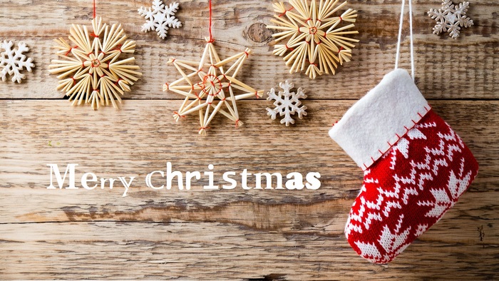Merry Christmas with ornaments and stocking