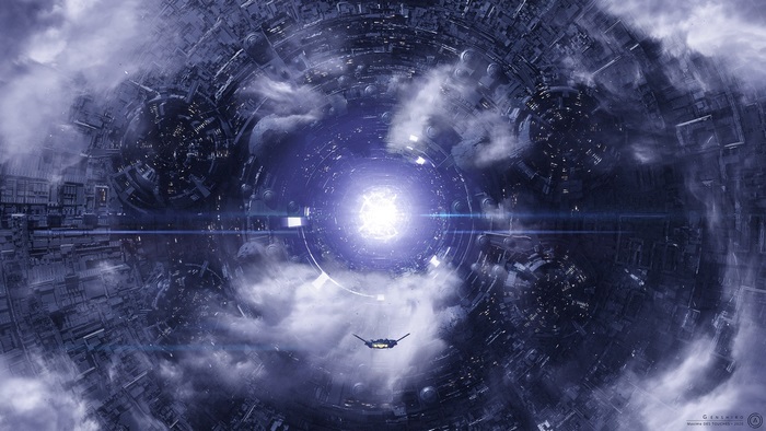 Sci-fi megastructure with spaceship and bright light