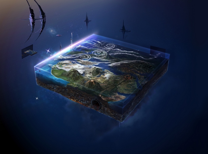 Sci-Fi Cube Earth in Space with Spaceships