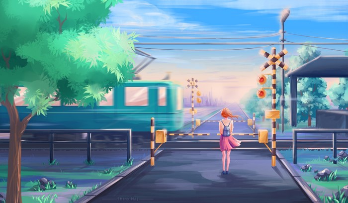 Girl at train crossing with passing train