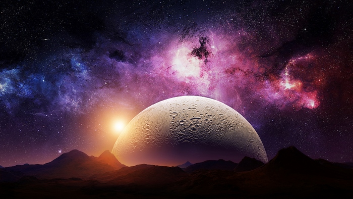 Alien planet landscape with a large moon and galaxy