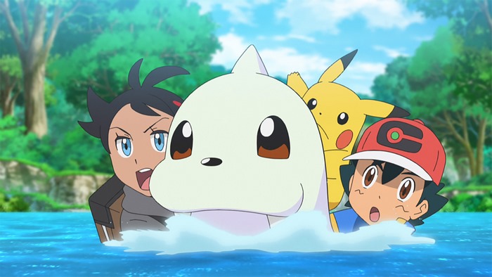 Ash, Goh, Pikachu, and a Pokémon in water