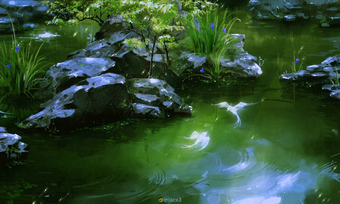 Two ethereal birds fly over a tranquil pond with rocks and foliage