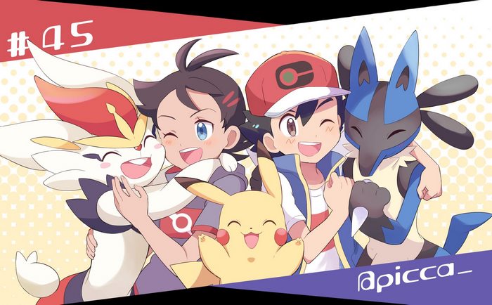 Ash, Goh, Pikachu, Lucario, and Cinderace from Pokémon