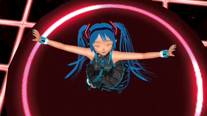 Hatsune Miku floating in a red circular portal