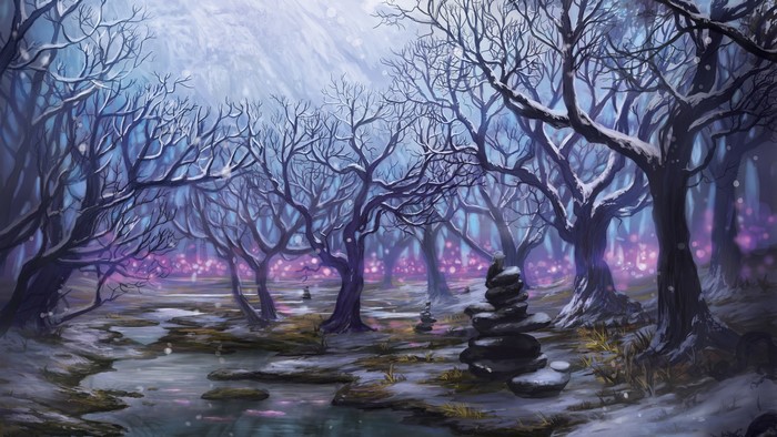 Fantasy Forest with Snow and Purple Lights