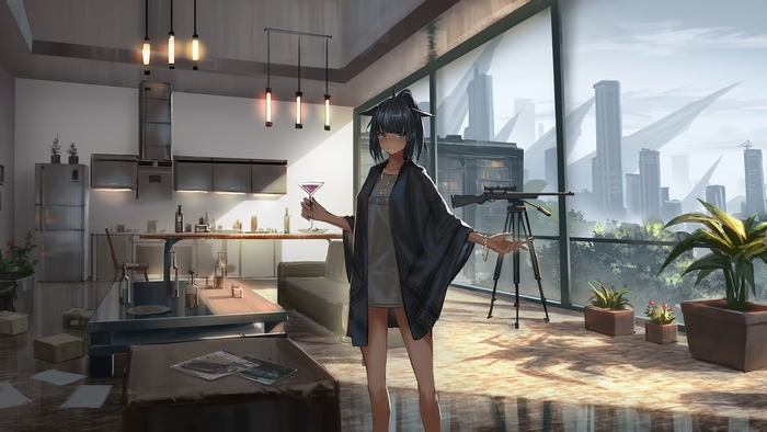 Jessica from Arknights in a Modern Apartment