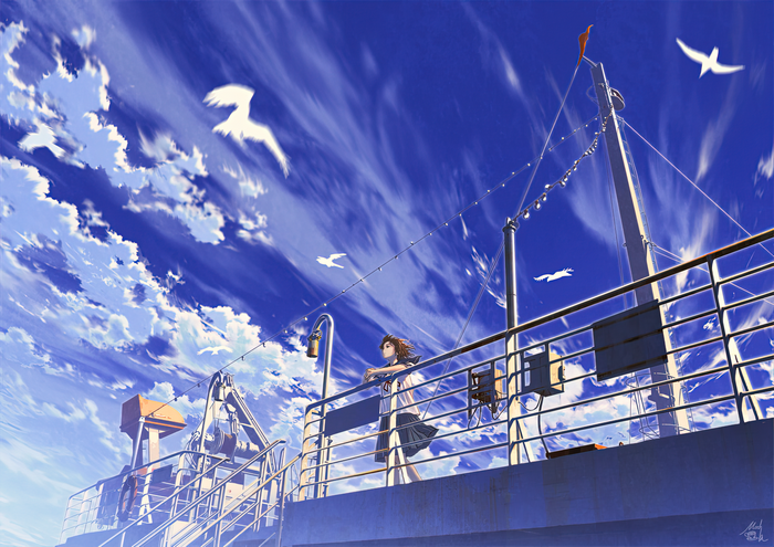 Girl on a ship deck looking at the sky