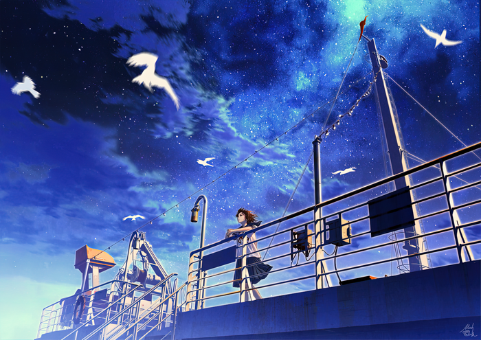Girl on a ship under a starry sky