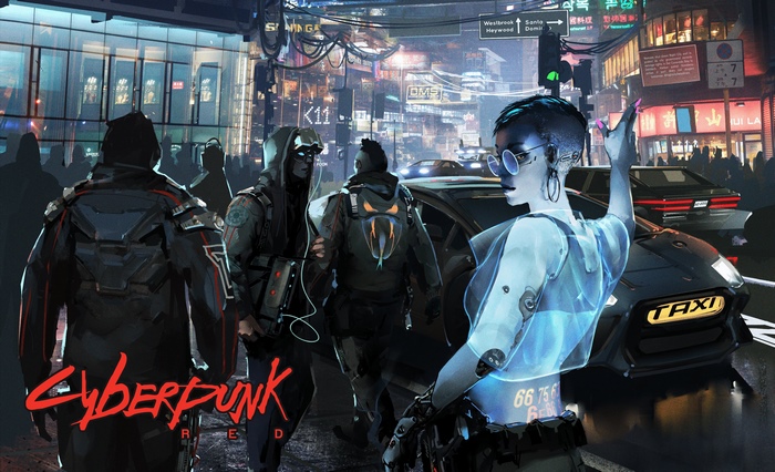 Cyberpunk Red characters in a futuristic city street