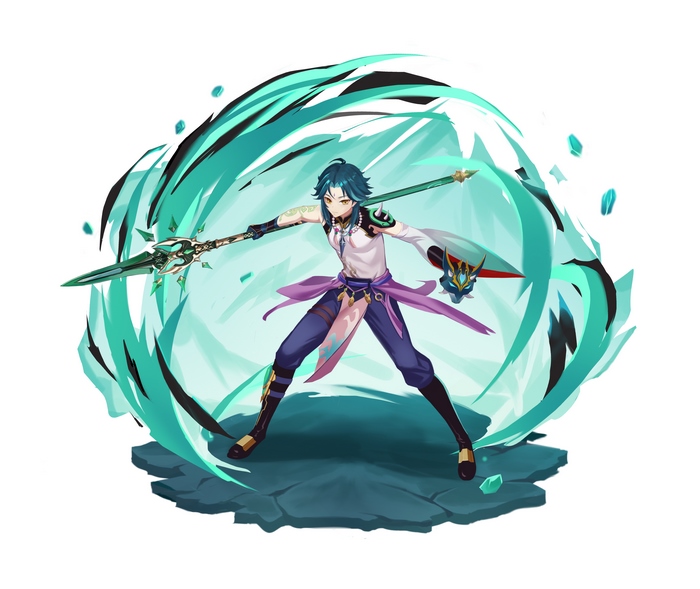 Xiao from Genshin Impact with a spear