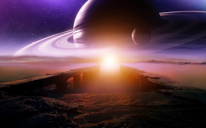 Sci Fi Landscape with Rings Planet and Bridge
