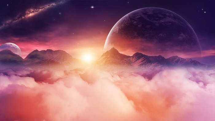 Sci Fi Sunset with Planets and Mountains