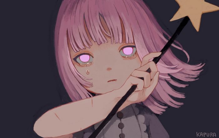 Girl with pink hair and star wand crying