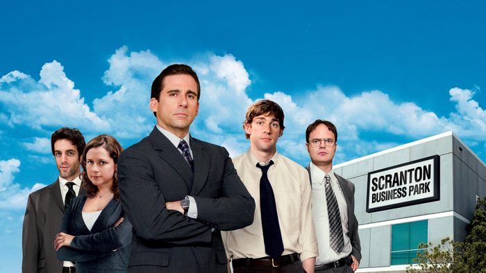 The Office characters in front of Scranton Business Park