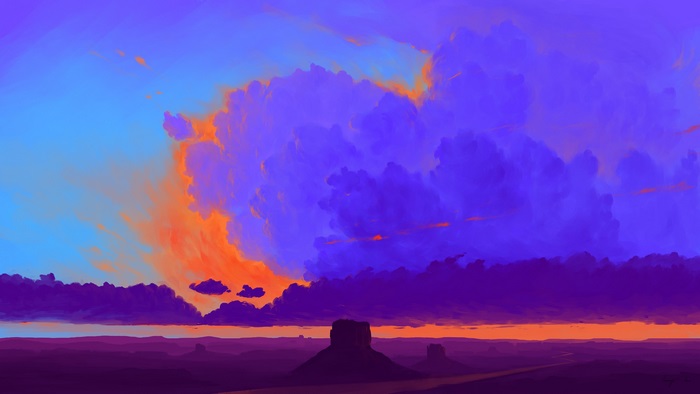 Artistic landscape with dramatic sunset clouds