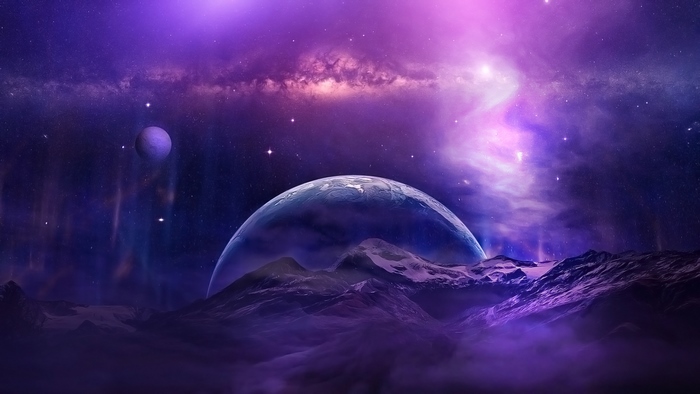 Purple galaxy with planets and mountains