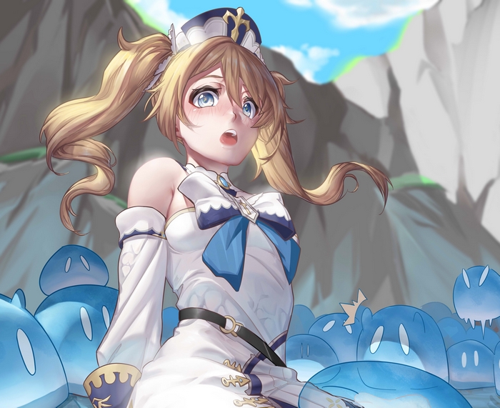 Barbara from Genshin Impact surrounded by slimes