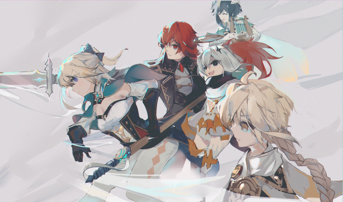 Genshin Impact characters: Jean, Diluc, Paimon, Aether, and Venti