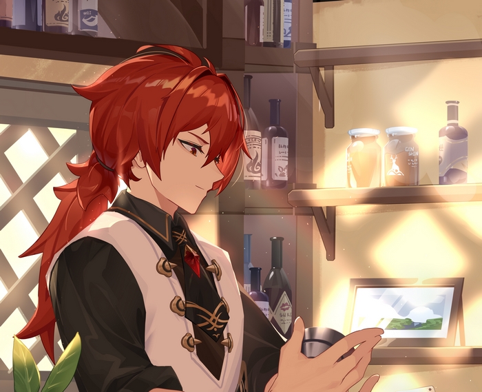 Diluc from Genshin Impact holding a cup