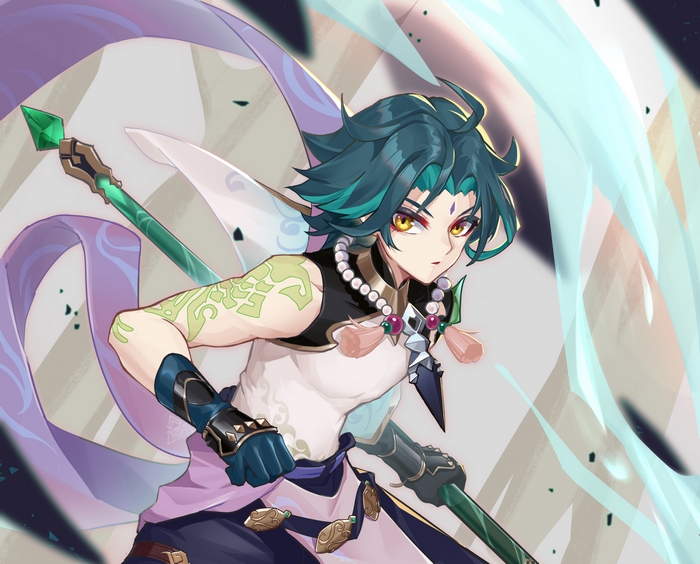 Xiao from Genshin Impact with a polearm