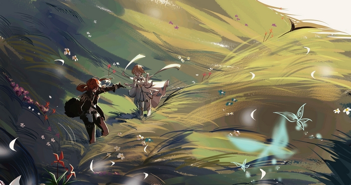 Diluc and Lumine from Genshin Impact in a grassy field