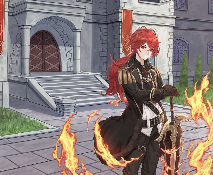 Diluc from Genshin Impact with a sword and fire