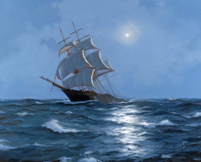 Sailing Ship on a Moonlit Sea