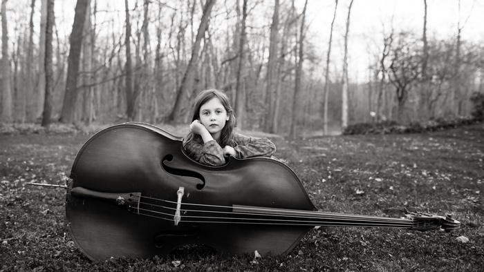 Girl with Double Bass in Forest