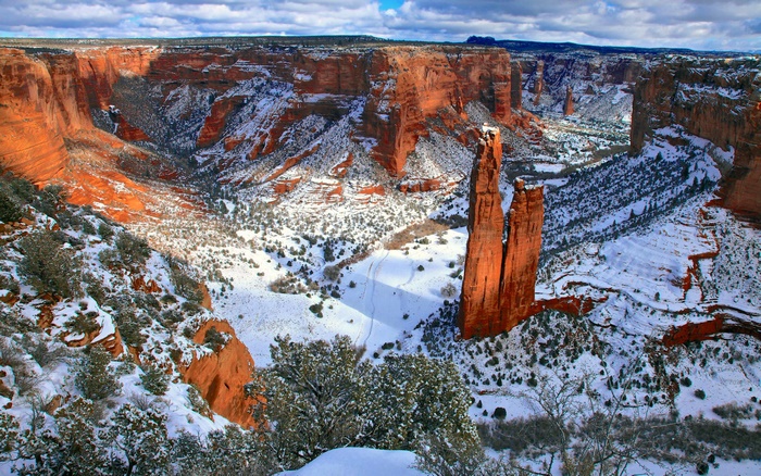 Spider Rock in Canyon de Chelly National Monument with Snow