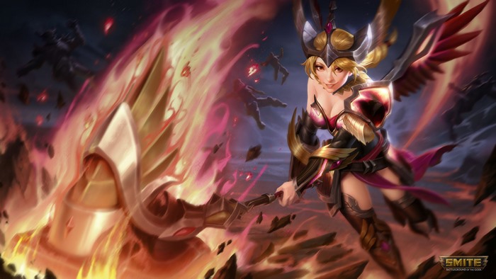Bellona from Smite with a flaming hammer