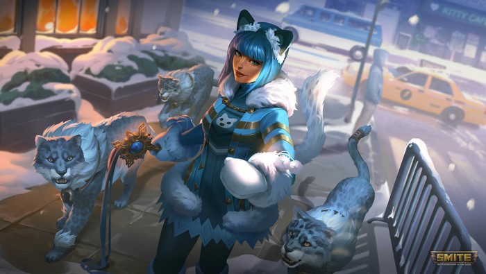 Snow Kitten Bastet from Smite in a winter city