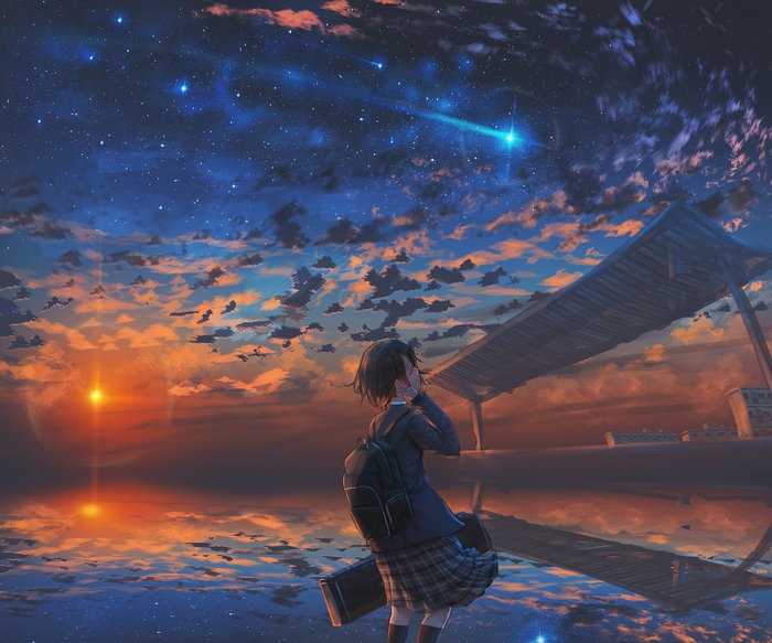 Girl watching a starry sky at sunset