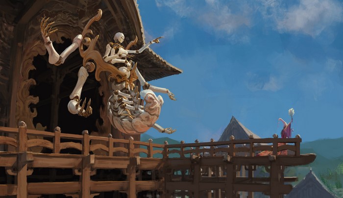 Skeleton creature and robed figure on temple balcony