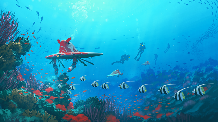 Scuba divers and submersible explore a coral reef with fish