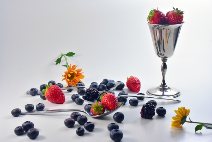 Strawberries and Blueberries with Flowers