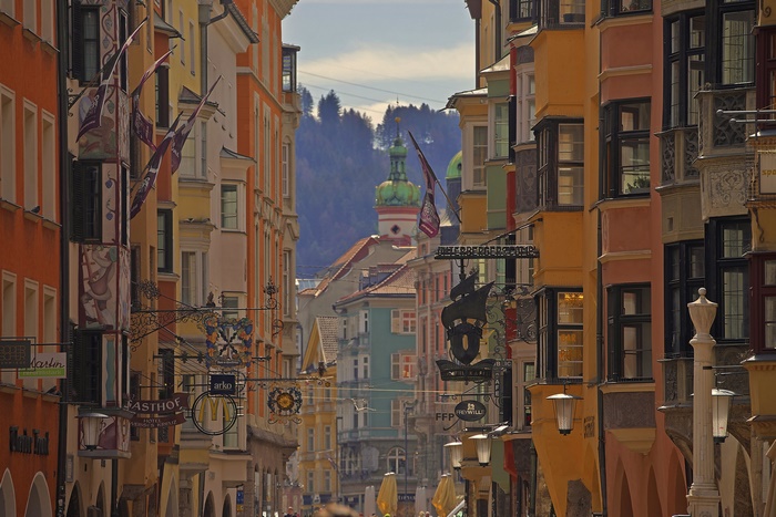 Colorful buildings on a street in Innsbruck, Austria