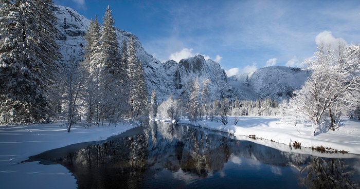 Yosemite National Park in Winter with Merced River Reflection