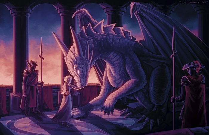 Fantasy Dragon with Guards and Girl
