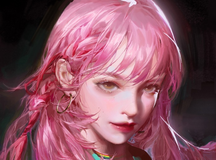 Woman with Pink Hair and Earrings
