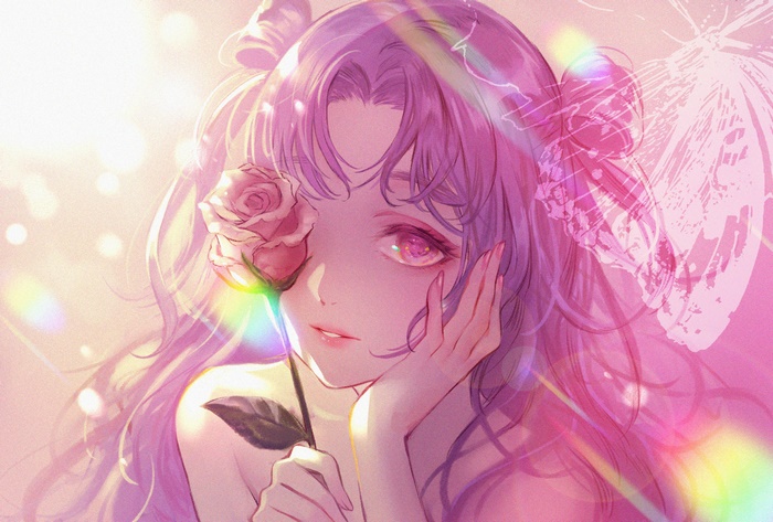 Anime girl with pink rose and butterfly