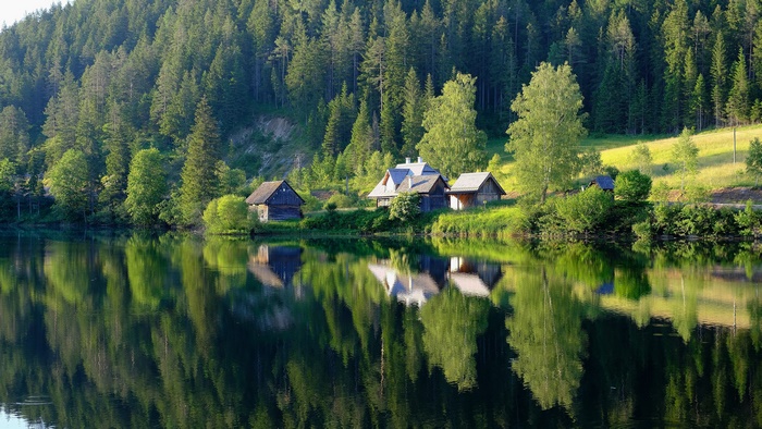 Houses reflected in a lake with a forest background