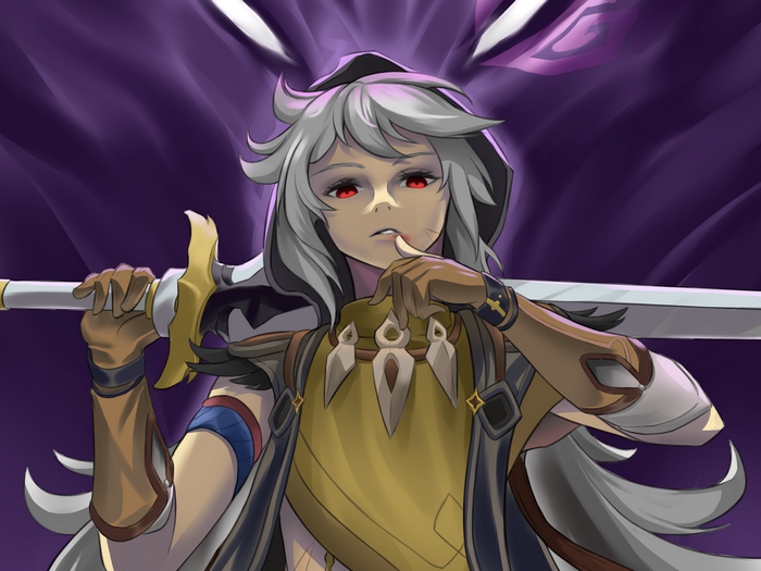 Razor from Genshin Impact with red eyes and sword
