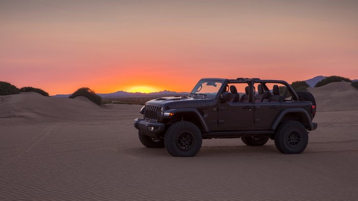 Jeep Wrangler Rubicon 392 in desert at sunset