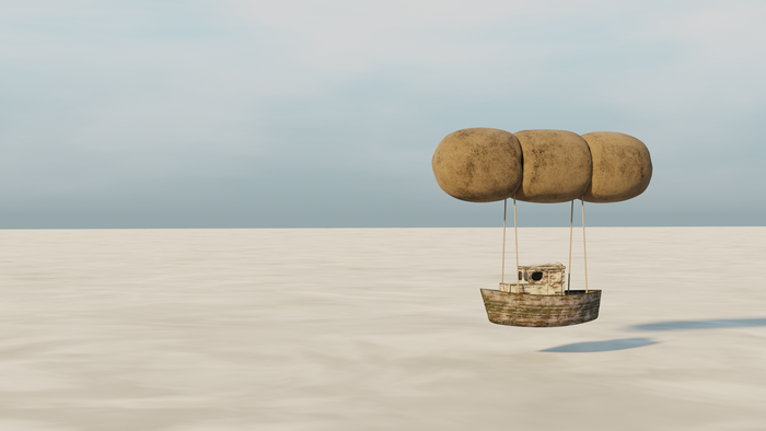 Boat suspended by balloons over a sandy expanse