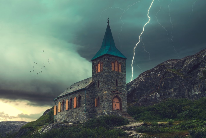 Stone Chapel during Thunderstorm with Lightning
