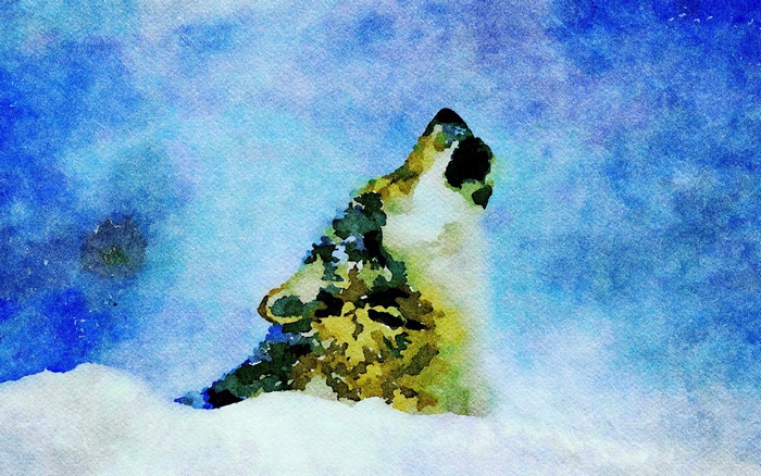 Artistic watercolor painting of a wolf howling