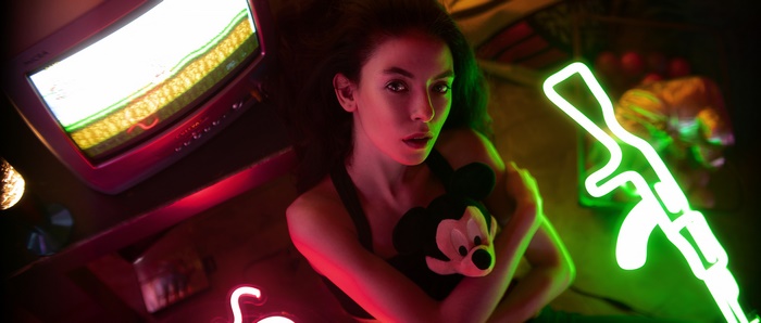 Woman with Mickey Mouse and Neon Gun
